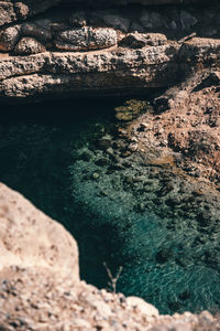 High angle view of rock formation in lake