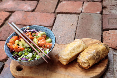 High angle view of food on cutting board