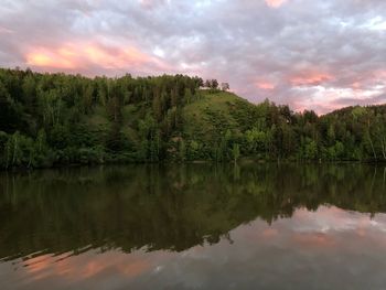 Scenic view of lake against sky at sunset