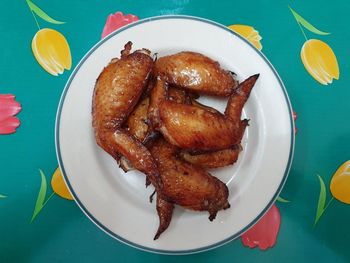 High angle view of food in plate on table