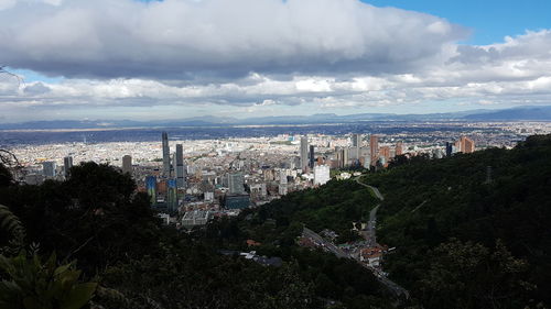 High angle view of cityscape against cloudy sky