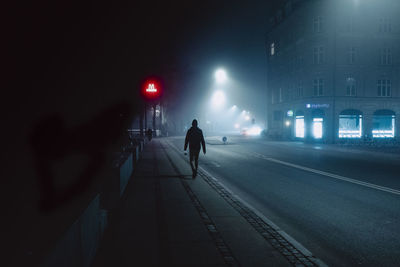 Rear view of man walking on illuminated street at night