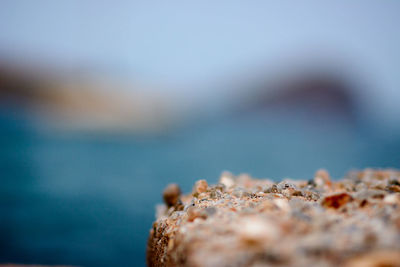 Close-up of rocks on beach against sky