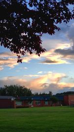 Trees and houses on field against sky during sunset