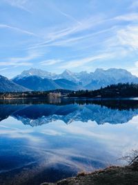 Scenic view of lake and mountains against sky