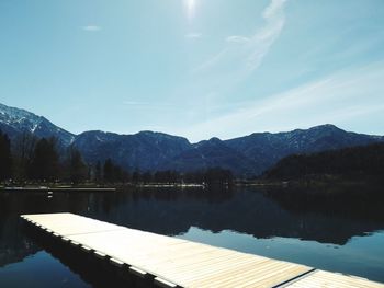 Scenic view of lake by mountains against sky