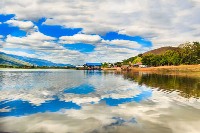 Scenic view of lake against cloudy sky