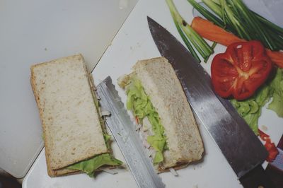 High angle view of chopped vegetables on table