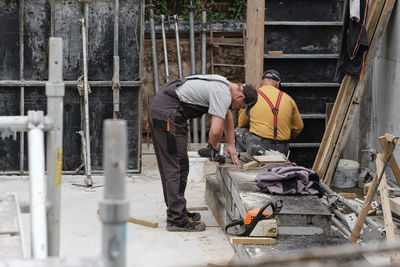 Construction of a concrete wall with reinforcement. private house building by construction company