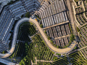 High angle view of modern buildings in city