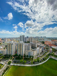 High angle view of buildings against sky