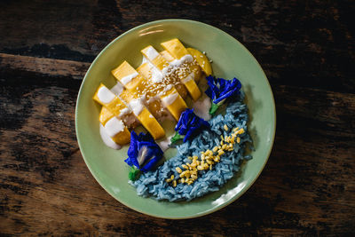 High angle view of breakfast in bowl on table