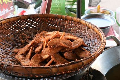 High angle view of bread in basket on table