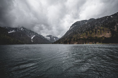 Scenic view of lake against cloudy sky