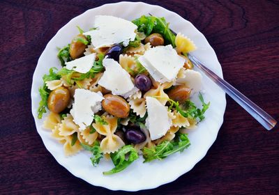 High angle view of salad served on table