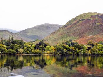 Scenic view of lake by mountains against sky