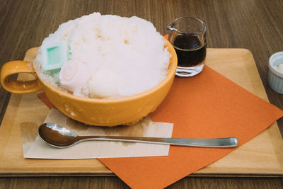 High angle view of ice cream in glass on table