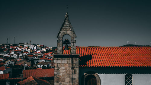 Tower of temple against building