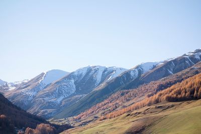 Scenic view of snowcapped mountains against clear sky