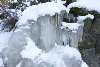 Snow covered rocks against clear sky during winter