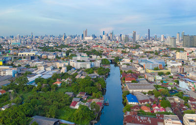 High angle view of buildings against sky in city