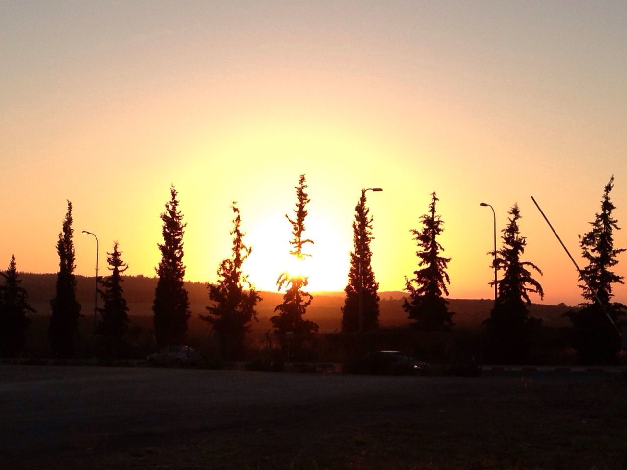 sunset, clear sky, copy space, silhouette, tranquil scene, tranquility, orange color, nature, beauty in nature, sun, scenics, landscape, field, growth, idyllic, outdoors, no people, sunlight, sky, dusk