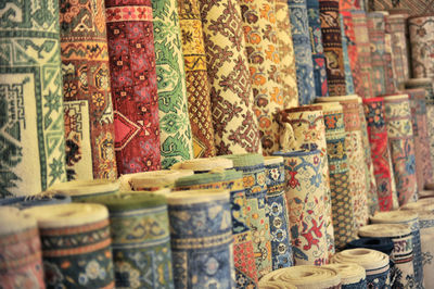Close-up of carpets for sale in market