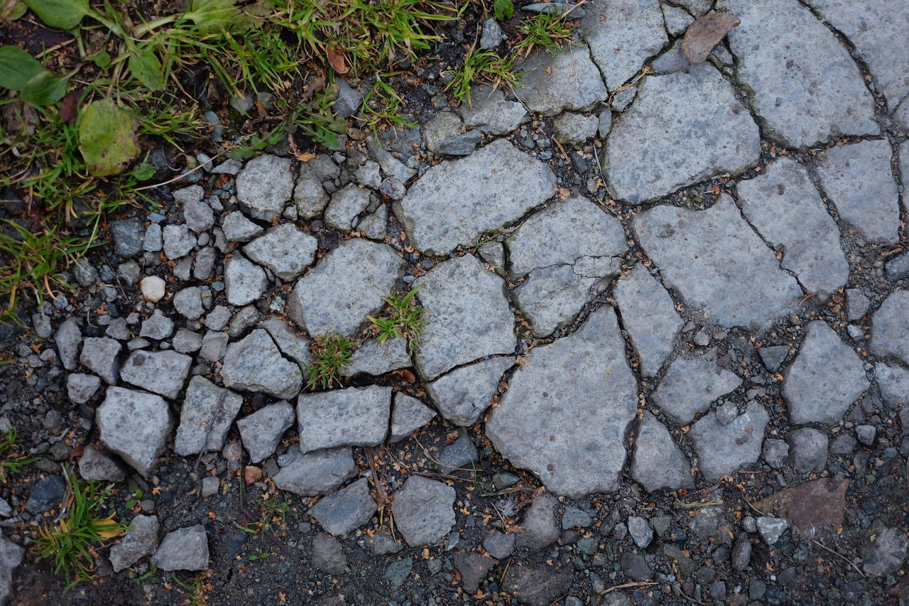 HIGH ANGLE VIEW OF STONES ON FIELD