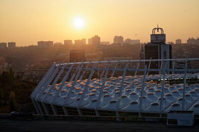 Panoramic view of buildings in city during sunset