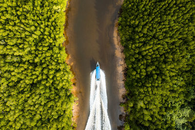 High angle view of speed boat at the river