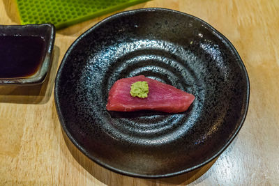 High angle view of dessert on table