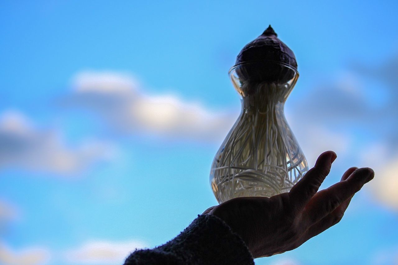 Cropped image of hand holding vase against sky