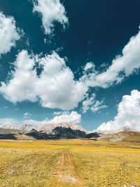 Scenic view of road amidst field against sky