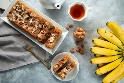 High angle view of breakfast on table