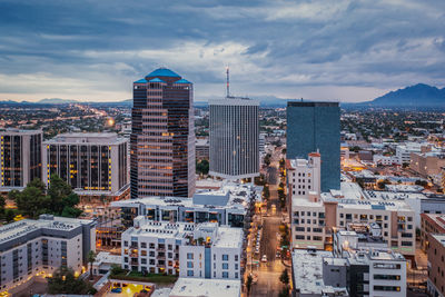 Drone view of downtown tucson, arizona at dusk.