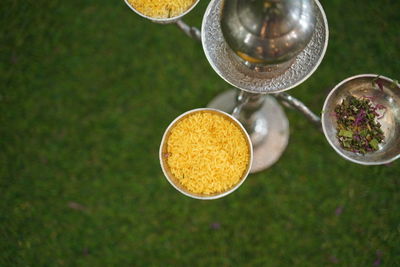 High angle view of drink on table