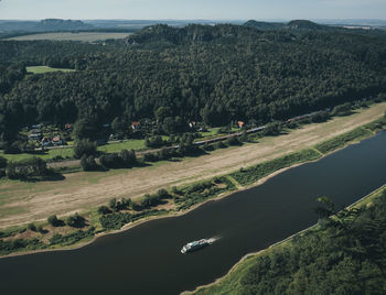 High angle view of trees on landscape against sky