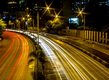 Light trails on road at night