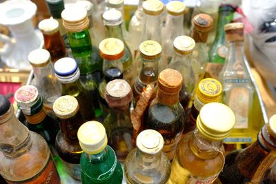 High angle view of wine bottles