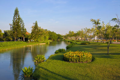 Scenic view of park by lake against sky