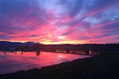 Scenic view of river against romantic sky at sunset