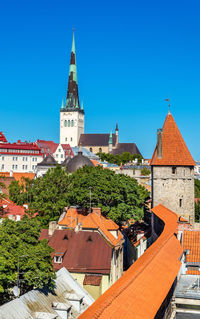 High angle view of buildings against blue sky