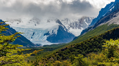 Panoramic view of snowcapped mountains against sky