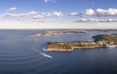 Aerial drone evening view of middle head, south head in sydney harbour, new south wales, australia. 