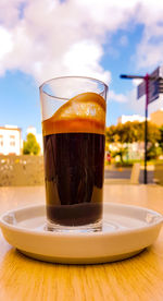 Close-up of coffee served on table