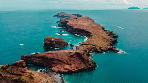 Peninsula, cape ponta de sao lorenco in atlantic ocean. madeira island, portugal. drone photography
