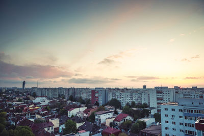 High angle view of townscape against sky during sunset