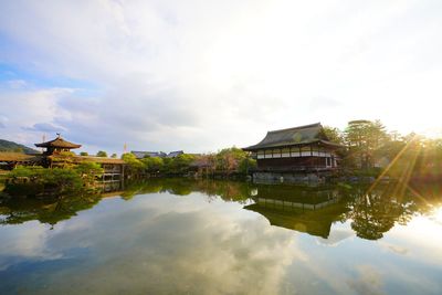 Reflection of building on lake against sky