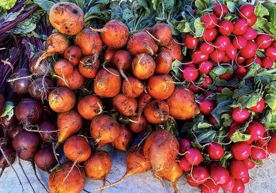 High angle view of fruits for sale at market stall