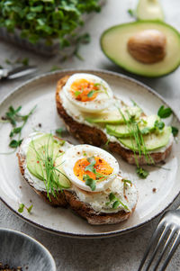 Bread toast, boiled eggs, avocado slice, microgreens on a plate, breakfast time